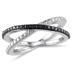 GEM AND HARMONY Diamond Criss-Cross Ring In Sterling Silver In Black