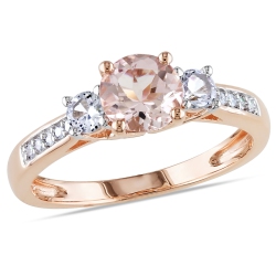 GEM AND HARMONY 1.20 Carat (Ctw) Morganite & Lab-Created Sapphire Three Stone Ring With Diamonds In 10K Rose Pink Gold In White
