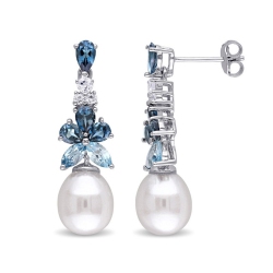 GEM AND HARMONY Freshwater Cultured Pearl 8.5-9 MM With And White Topaz Drop Earrings In Sterling Silver In Blue