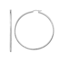GEM AND HARMONY Extra Large Satin And Diamond Cut Hoop Earrings In Sterling 2 1/2 Inch (2.0Mm) In Silver
