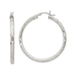 GEM AND HARMONY Sterling Large Diamond Cut Satin Polished Hoop Earrings (1 3/4 Inches) In Silver