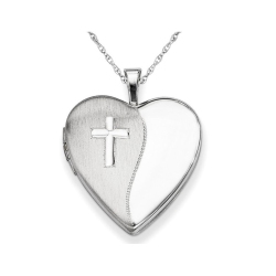 GEM AND HARMONY Sterling Cross Heart Shaped Locket Pendant Necklace In Silver