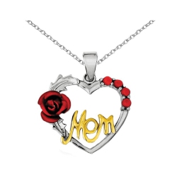 GEM AND HARMONY Vermeil Flower Heart Mom Pendant Necklace In Sterling Silver With Synthetic Cubic Zirconia (Cz) In Red