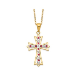 GEM AND HARMONY Ruby Cross Pendant Necklace In Sterling Silver And 14K Yellow Gold Plating In Red