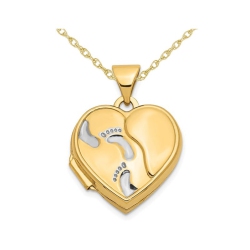 GEM AND HARMONY Footprints Heart Locket Pendant Necklace In 14K Gold With Chain In Yellow