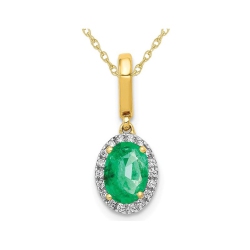 GEM AND HARMONY 4/5 Carat (Ctw) Natural Emerald Halo Pendant Necklace In 14K Gold With Chain And Accent Diamonds In Yellow