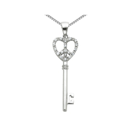 GEM AND HARMONY Synthetic Cubic Zirconia (Cz) Peace Sign Heart And Key Pendant Necklace In Sterling With Chain In Silver
