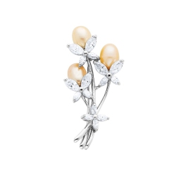 GEM AND HARMONY Cultured Pearl And Synthetic Cubic Zirconia (Cz) (Cz) Floral Brooch In Sterling In Silver