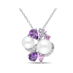 GEM AND HARMONY Freshwater Cultured Pearl, Amethyst, Created Pink Sapphire Cluster Pendant Necklace Sterling Silver In White
