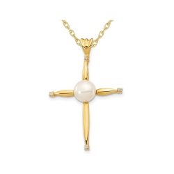 GEM AND HARMONY 14K Gold Cross Pendant Necklace With Freshwater Cultured Pearl In Yellow