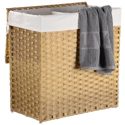 SORTWISE 110L Double Laundry Hamper With Lid, Wicker Laundry Basket, Foldable Laundry Clothes Hamper With Divided Removable Liner Bag -