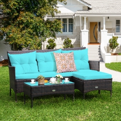 COSTWAY 3PCs Patio Rattan Furniture Set 3-Seat Sofa Cushioned Table Garden