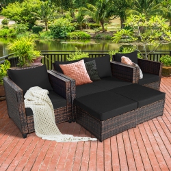 COSTWAY 5PCs Patio Rattan Furniture Set Loveseat Sofa Ottoman Cushioned