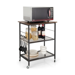 GYMAX 3-Tier Kitchen Serving Cart Utility Standing Microwave Rack W/ Hooks