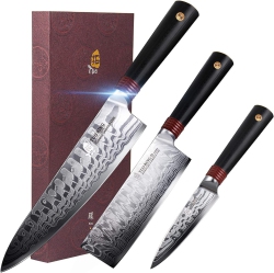 TUO Damascus Kitchen Knife Set Of 3 Pieces: 8" Chef Knife, 6.5" Nakiri Knife, And 3.5" Paring Knife. Japanese Aus-10 High Carbon Stainless Steel