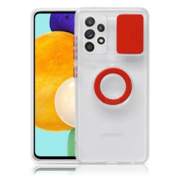 CC Topsave Colorful Sliding Window Camera Lens Protective Clear Tpu Phone Case W/ Ring Holder Stand Cover for Samsung Galaxy A52 5G In Red