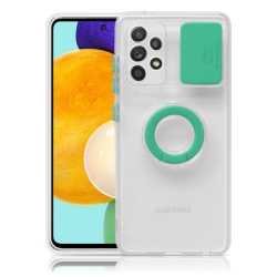 CC Topsave Colorful Sliding Window Camera Lens Protective Clear Tpu Phone Case W/ Ring Holder Stand Cover for Samsung Galaxy A52 5G In Teal