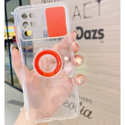 CC Topsave Colorful Sliding Window Camera Lens Protective Clear Tpu Phone Case W/ Ring Holder Stand Cover for Samsung Galaxy A12 In Red