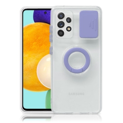 CC Topsave Colorful Sliding Window Camera Lens Protective Clear Tpu Phone Case W/ Ring Holder Stand Cover for Samsung Galaxy A52 5G In Purple