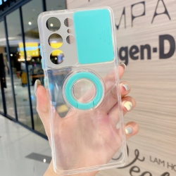 CC Topsave Colorful Sliding Window Camera Lens Protective Clear Tpu Phone Case W/ Ring Holder Stand Cover for Samsung Galaxy S21 Ultra In Teal