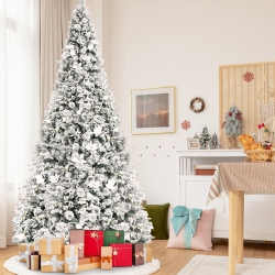 GYMAX 8 Ft Artificial Snow Flocked Christmas Tree Hinged Xmas Tree W/ Metal Stand