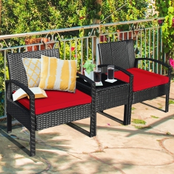 GYMAX 3PCs Patio Rattan Conversation Furniture Set Outdoor Yard W/ Cushions In Red