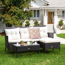 COSTWAY 3PCs Patio Rattan Furniture Set 3-Seat Sofa Cushioned Table Garden
