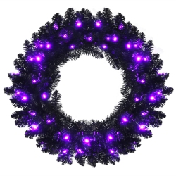 COSTWAY 24Inch Pre-Lit Christmas Halloween Wreath W/ 35 Purple Led Lights In Black