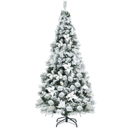 COSTWAY 6Ft Snow Flocked Hinged Christmas Tree W/ Berries & Poinsettia Flowers