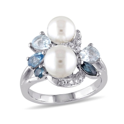GEM AND HARMONY White Freshwater Cultured Pearl With London, Swiss And Topaz And Created White Sapphire Ring In Sterling Silver In Sky Blue