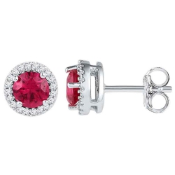 GEM AND HARMONY 1.20 Carat (Ctw) Lab-Created Ruby Stud Earrings In 10K Gold With Diamonds 1/6 Carat (Ctw) In White