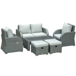 OUTSUNNY Patio Furniture \w Thick Cushions, 6 Pieces Pe Wicker Patio Sectional Furniture Conversation Set \w A Loveseat Sofa, 2 Recliner Chairs, 2