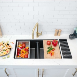 STYLISH Banff Dual Mount 33" Workstation Double-Bowl Composite Granite Kitchen Sink With Built In Accessories S-833Wn In Black