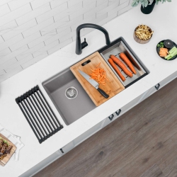 STYLISH Banff Dual Mount 33" Workstation Double-Bowl Composite Granite Kitchen Sink With Built In Accessories S-833Wl In Gray