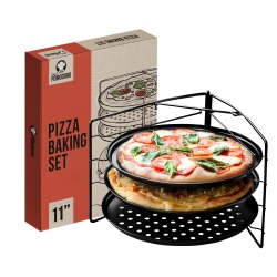CHEF POMODORO Pizza Baking Set With 3 Pizza Pans (11-Inch) And Pizza Rack, Non-Stick Perforated Pizza Trays, for Oven, Grill, Barbeque