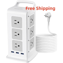 PRIMECABLES Power Strip Tower Surge Protection With 12 Outlet And 3 USB Ports，6Ft 14 Agw Pure Copper Tower Power Bar With Surge Protector