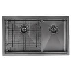 ANCONA 32" 60/40 Double Bowl Undermount Kitchen Sink With Grid And Roll-Up Mat In Pvd Nano In Black