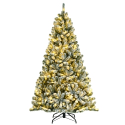 COSTWAY 6Ft Pre-Lit Snow Flocked Hinged Christmas Tree W/ 928 Tips & Metal Stand