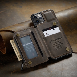 CASEME Leather Zipper Wallet Card Slot Double Magnetic Clasp Shockproof Back Case Cover for Iphone 12 Pro Max -Brown