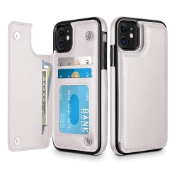 LORIS & CASE High Quality Leather Back Case Kickstand Shockproof Protective Card Holder Wallet Cover Case for Iphone 12 Pro Max -White