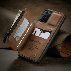 CASEME Leather Zipper Wallet Card Slot Double Magnetic Clasp Shockproof Back Case Cover for Samsung Galaxy Note 20 Ultra -Coffee