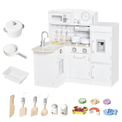 QABA Kids Kitchen Play Cooking Toy Set for Children With Drinking Fountain, Microwave, And Fridge With Accessories In White