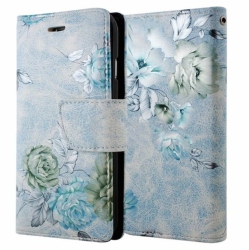 CSMART [Cs] Iphone 13 Mini Case, Magnetic Leather Folio Wallet Flip Case Cover With Card Slot Flower In Blue