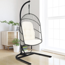 COSTWAY Hanging Wicker Egg Chair W/ Stand Cushion Foldable Outdoor Indoor