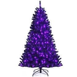 COSTWAY 6Ft Pre-Lit Pvc Christmas Halloween Tree W/ 250 Purple Led Lights In Black