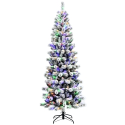 COSTWAY 7.5Ft Pre-Lit Hinged Christmas Tree Snow Flocked W/9 Modes Remote Control Lights