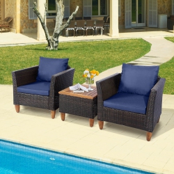 COSTWAY 3PCs Patio Rattan Bistro Furniture Set Wood Table Top Cushion Sofa