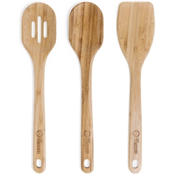 CHEF POMODORO Wooden Cooking Utensils 3-Piece Set, Bamboo | Large 12.5-Inch Spatula, Spoon, Slotted Spoon | Pan Kitchen Frying Set