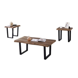 IFDC - Set Of 1 Coffee Table And 2 Side Tables, Metal Legs Wood Pattern In Brown