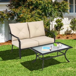 COSTWAY 2 PCs Patio Loveseat With Coffee Table Outdoor Sofa Bench With Cushions